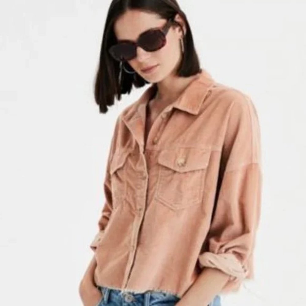 American Eagle | Corduroy Cropped Button Up Shirt Cut Off Jacket Raw Hem